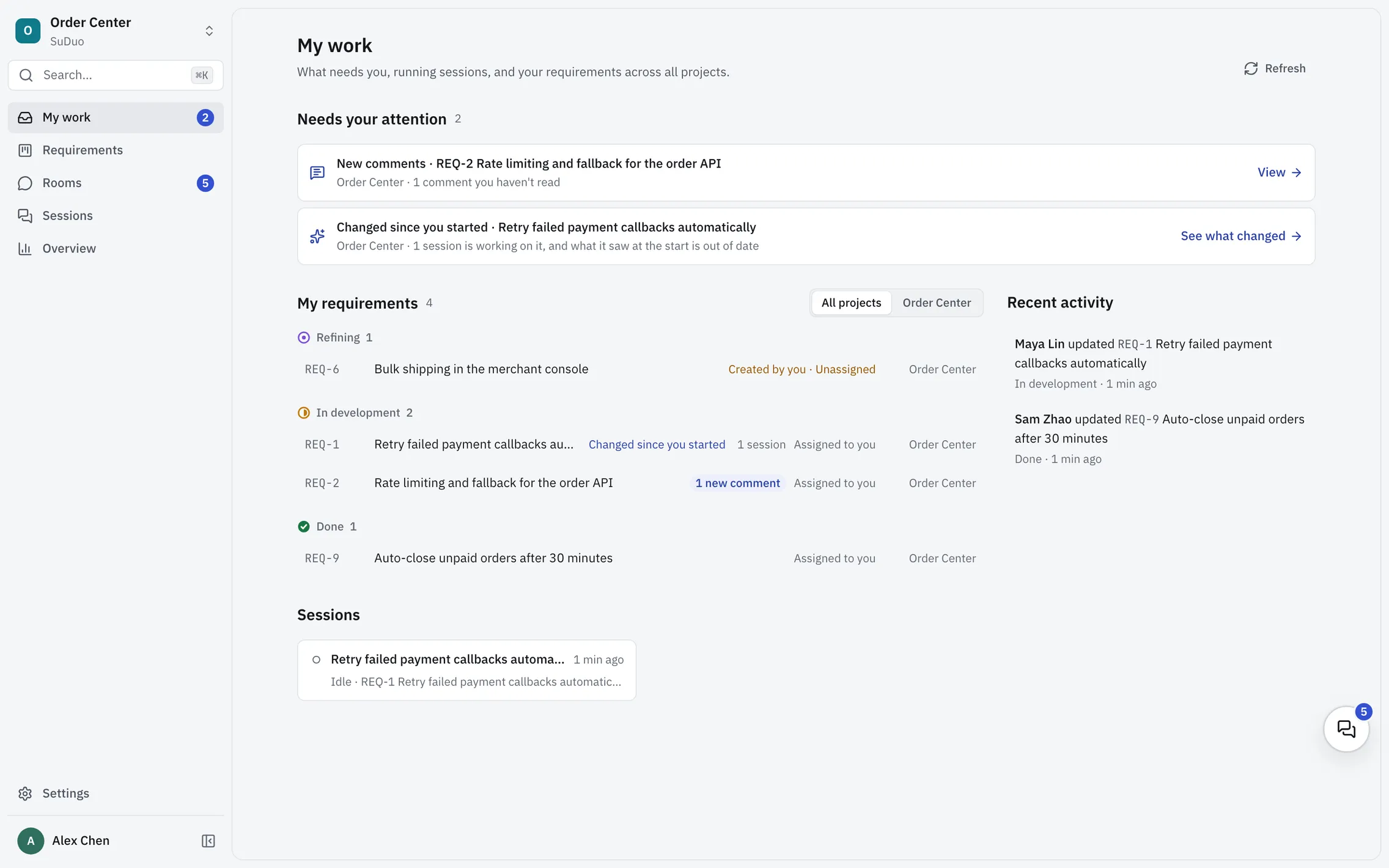 My work, with a new comment and a requirement that changed since you started under Needs your attention, then my requirements grouped by status, sessions and recent activity