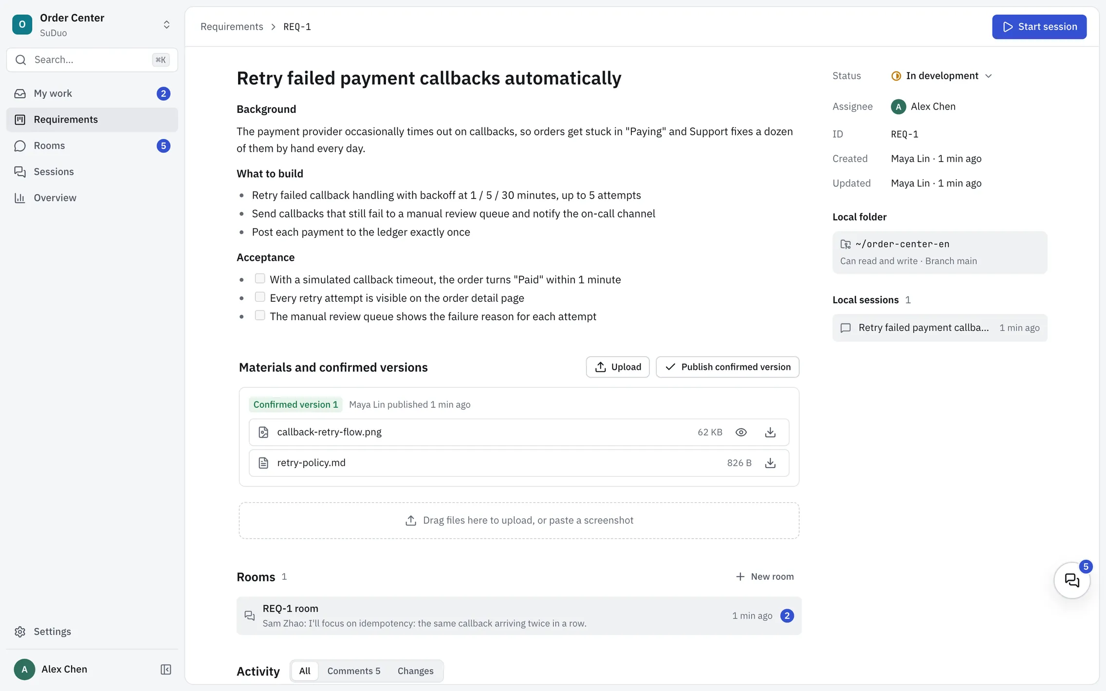 A requirement in SuDuo. On the left, “Retry failed payment callbacks automatically” with its background, what to build and acceptance checklist, then confirmed version 1 with two files, a requirement room and activity. On the right, status, assignee, local folder and local sessions. The Start session button is at the top right.