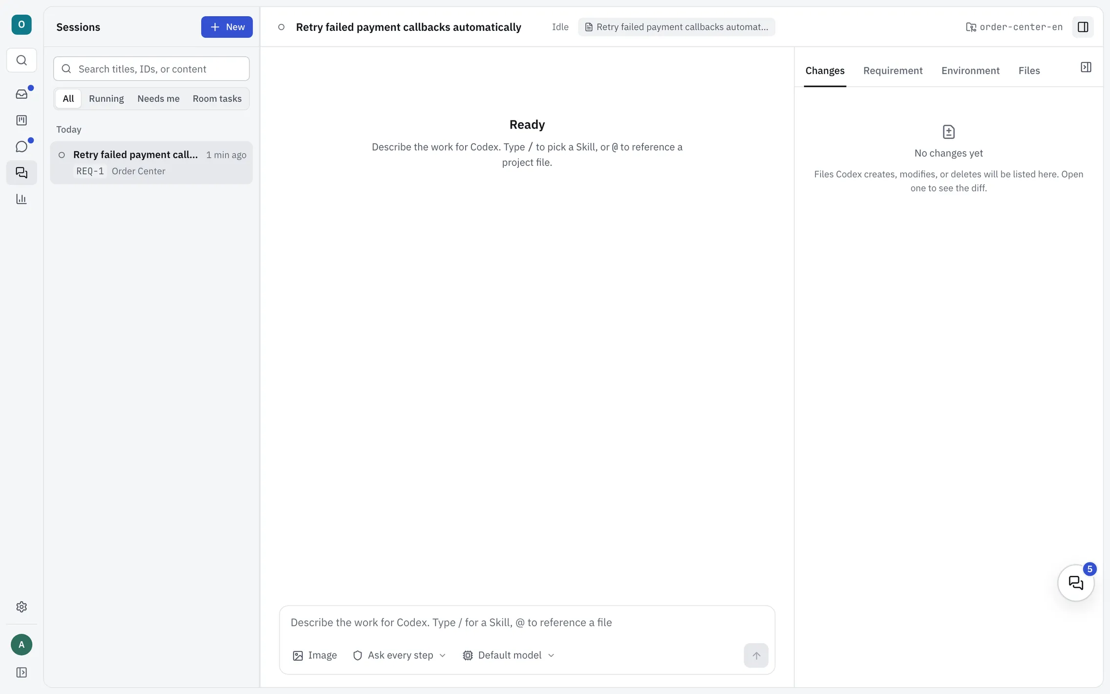 A session in SuDuo. The session list is on the left. In the middle, a session started from the requirement “Retry failed payment callbacks automatically”, with the approval mode and model below the composer. The side panel on the right has Changes, Requirement, Environment and Files tabs.